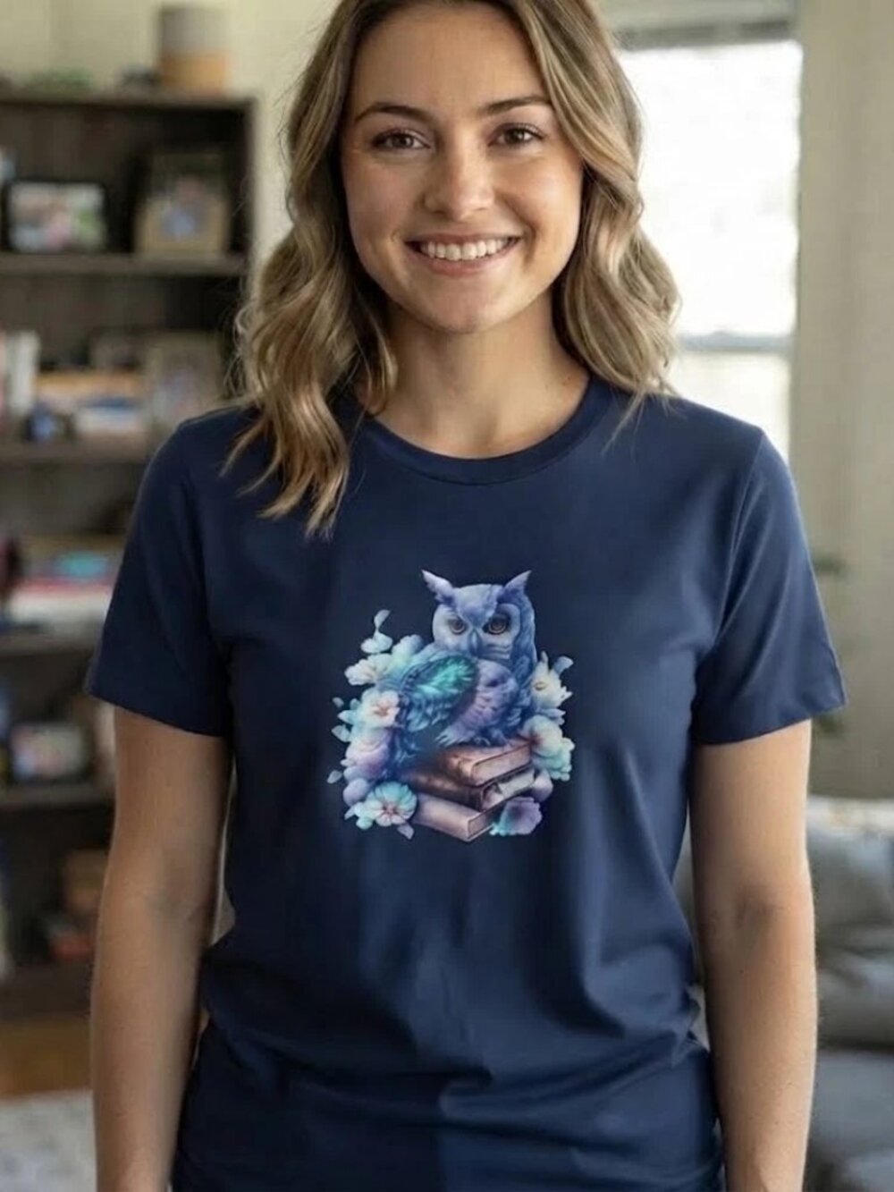 George unisex Small Navy Blue Graphic T-Shirt Owl on Books Flowers New With Tag